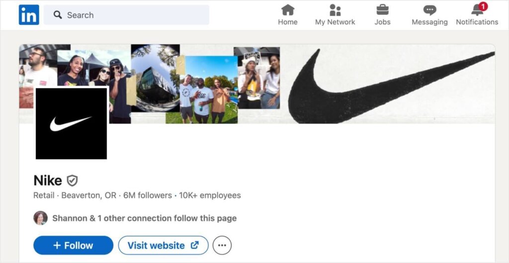 Nike's LinkedIn business page. The logo image shows the iconic Nike swoop. The cover image includes a larger version of the logo along with a photo collage of people wearing Nike products.