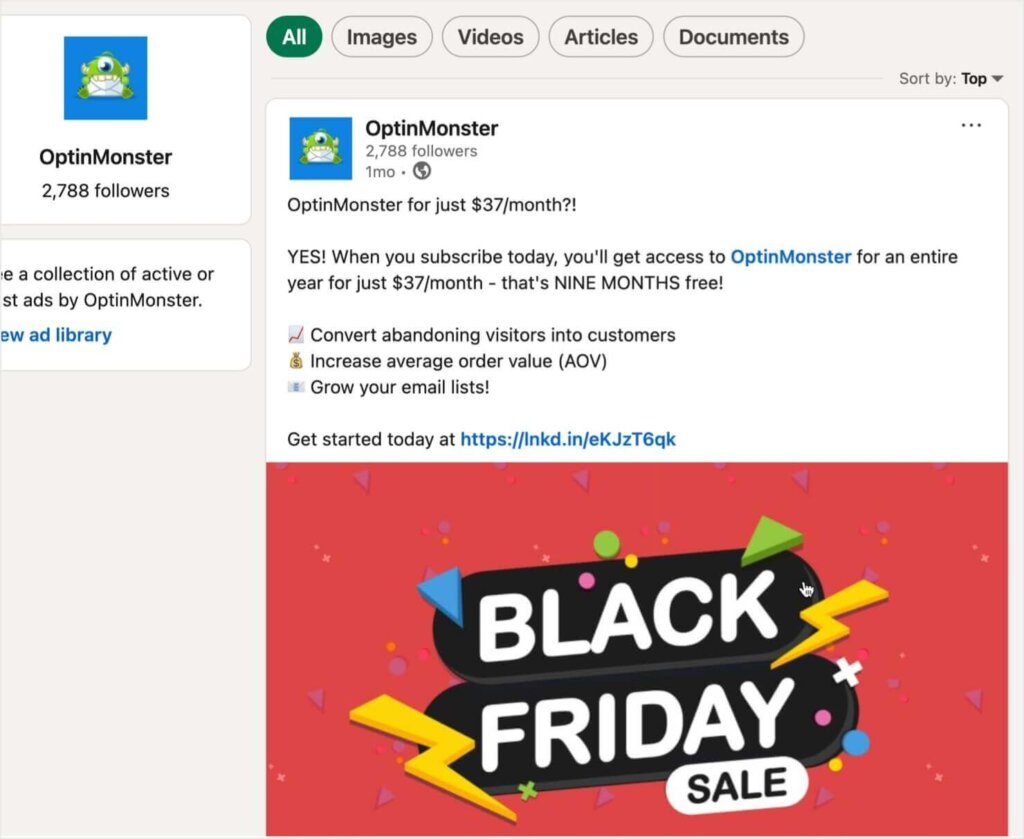 OptinMonster LinkedIn post. A large graphic says "Black Friday Sale," and the text gives details on the sale and a link to buy.