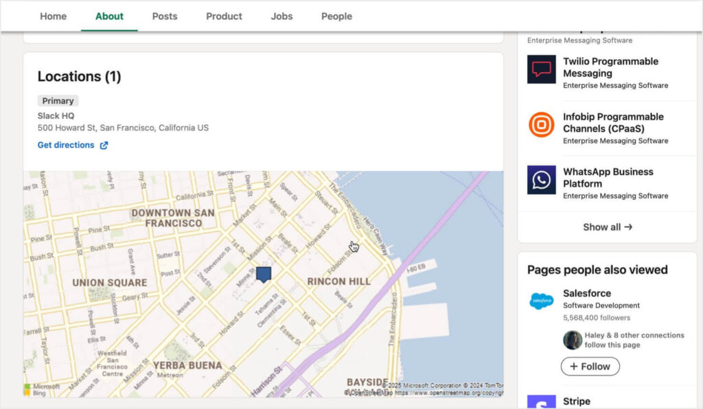 A map showing Slack's location on their LinkedIn about page.