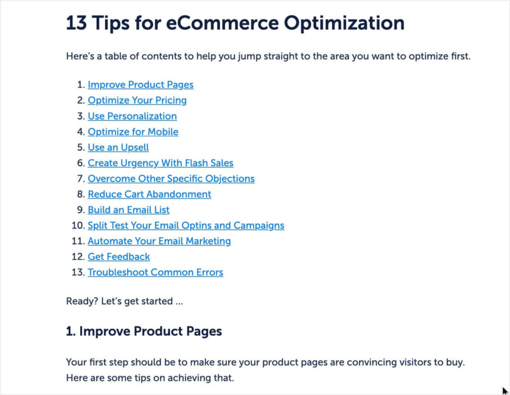 How to write a blog example: Screenshot of OptinMonster blog. The heading is "13 Tips for eCommerce Optimization." Underneath, there's a table of contents with each of the 13 tips listed and linked to the corresponding section.