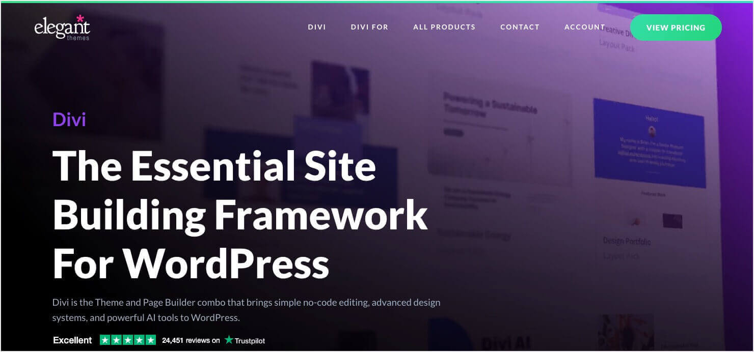 Divi homepage: "The Essential Site Building Framework for WordPress"