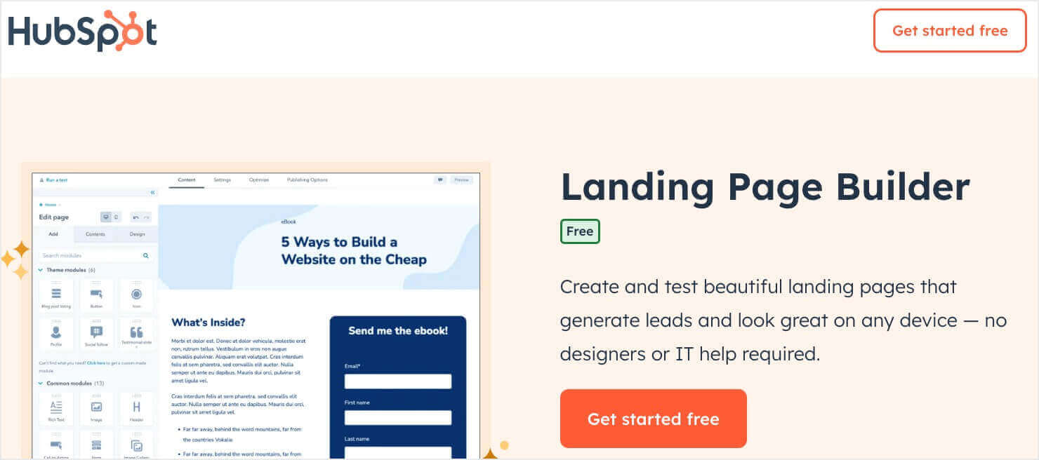 HubSpot Landing Page Builder hompage: "Create and test beautiful landing pages - Get started free"