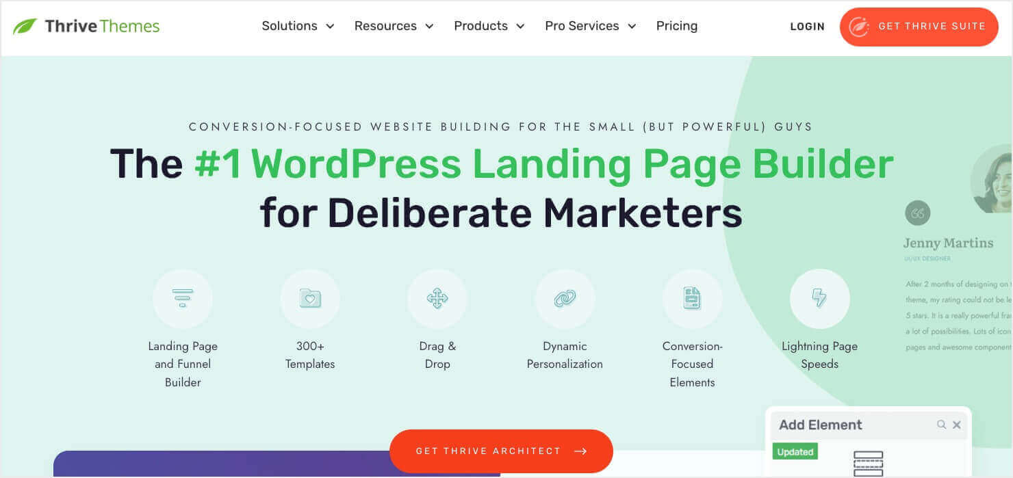 Thrive Architect homepage: "The #1 WordPress Landing Page Builder for Deliberate Marketers"