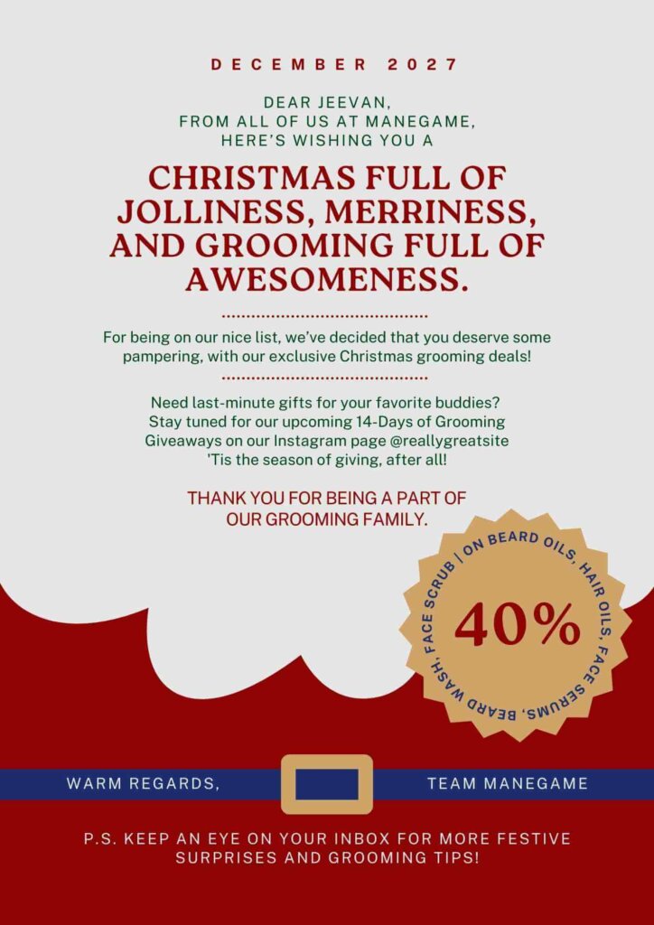 Christmas email template where the text is laid over a cartoony graphic of Santa's beard. There is also text on Santa's belt, and a callout that says "40% off."