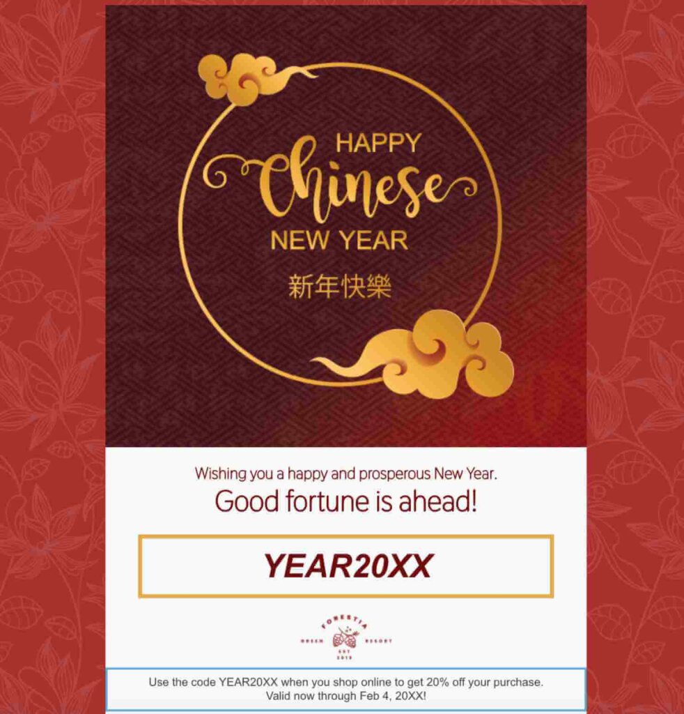 Holiday email template for Chinese New Year. It has a jlarge graphic that says "Happy Chinese New Year." Body text reads "Wishing you a happy and prosperous New Year. Good fortune is ahead!" Then there's a large box for a clickable coupon code.