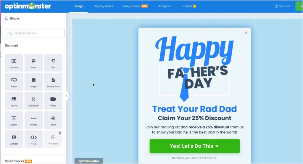 Screenshot showing a Father's Day popup offering a discount. The popup is in OptinMonster's drag-and-drop campaign editor.