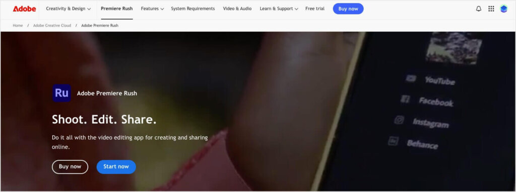 Homepage for Adobe Premiere rush, one of the best video editing tools for Instagram