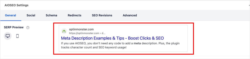 AIOSEO Setting in the WordPress dashboard. There is a "SERP Preview" that shows the page title and meta description would look like in search results.