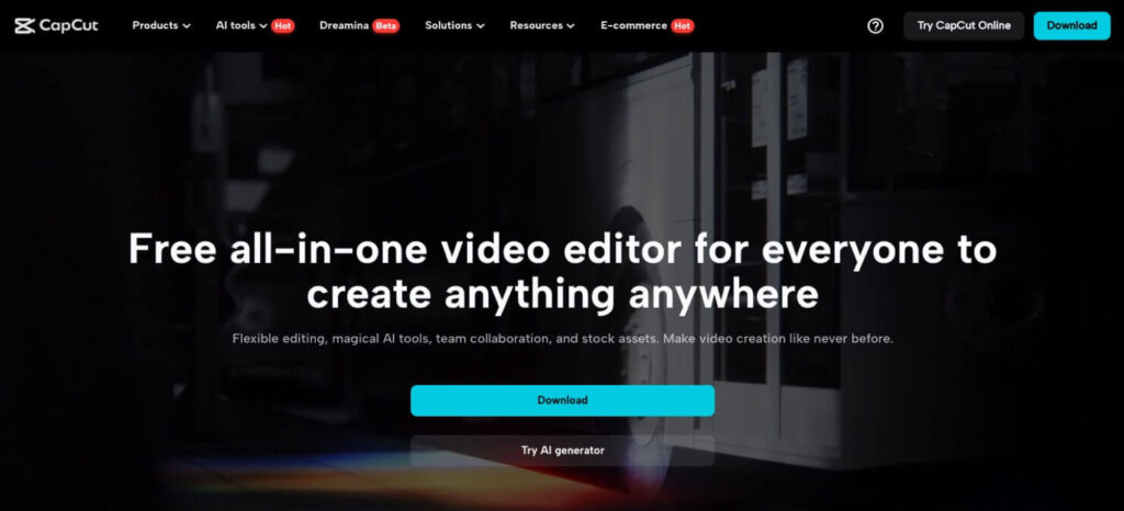 Homepage for Capcut, a free video editing tool for Instagram