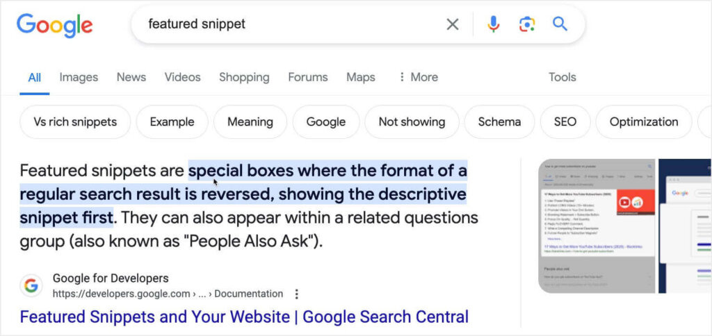 A Google featured snippet example for the search query "featured snippet." It says "Featured snippets are special boxes where the format of a regular search result is reversed, showing the descriptive snippet first."  The most important part of the text is highlighted in blue.