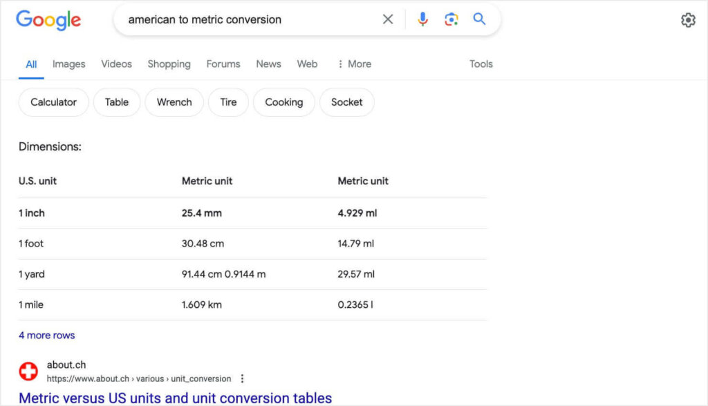 A Google featured snippet example for the search term "american to metric conversion." The snippet is a table with the columns U.S. unit, Metric unit, and another one labled Metric unit.