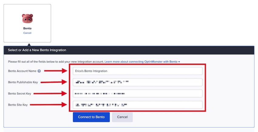 Enter the required details for your Bento integration.