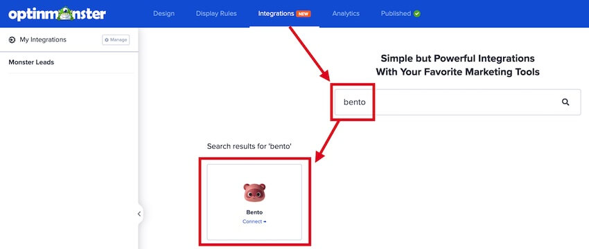 Search for and select Bento in the OptinMonster campaign builder.
