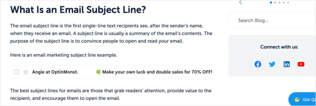 A heading says "What Is an Email Subject Line?" The paragraph text below is begins: The email subject line is the first single-line text recipients see . . . "