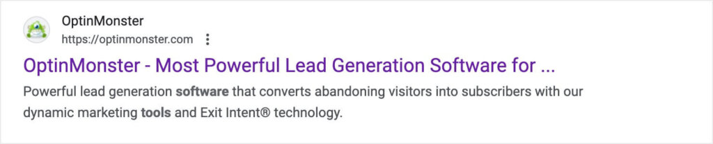 Google search result for OptinMonster. The meta description reads: "Powerful lead generation software that converts abandoning visitors into subscribers with our
dynamic marketing tools and Exit Intent® technology."