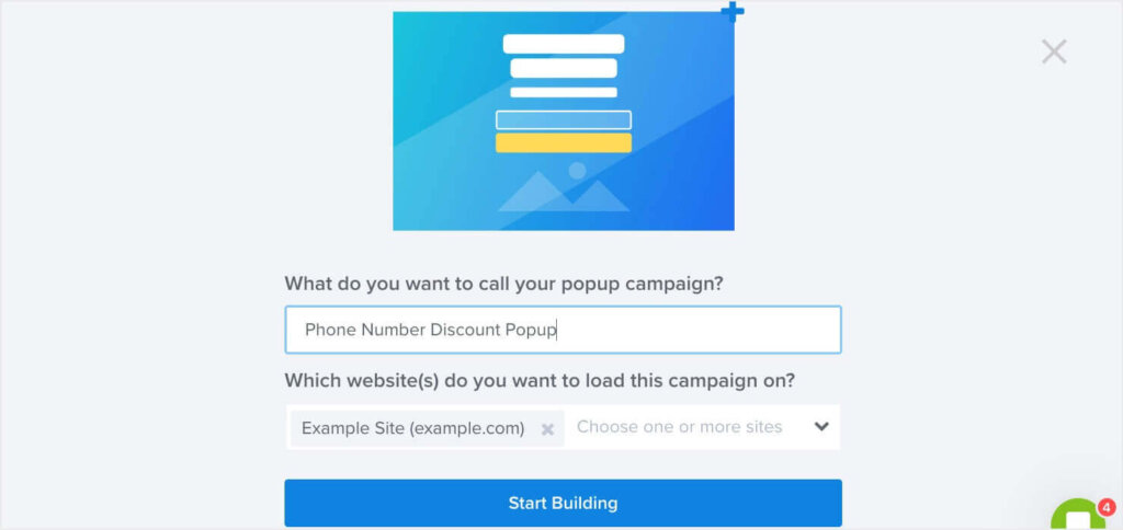 A text field says" What do you want to call your popup campaign?" A "Start building" button is below.