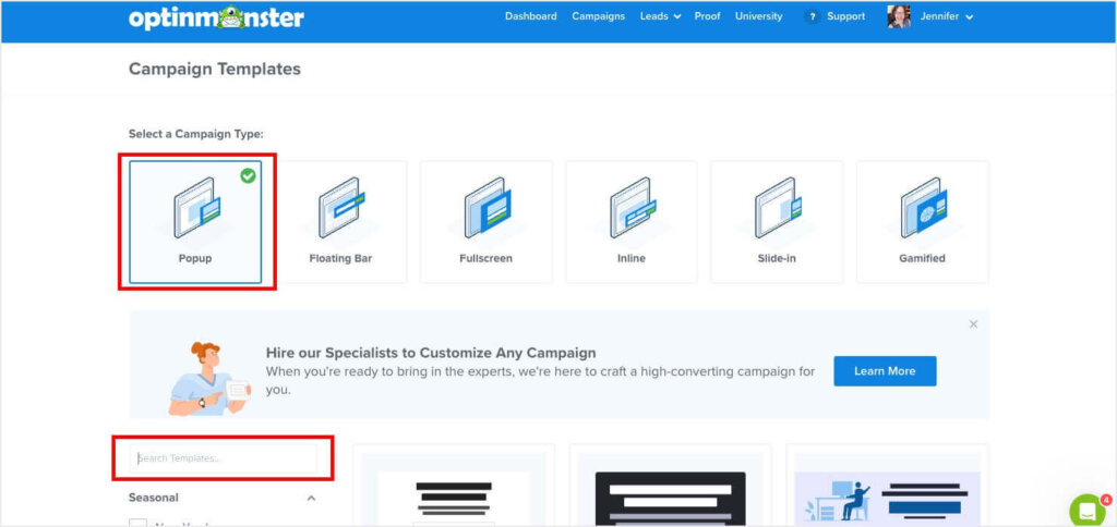 Under Select a Campaign Type, "Popup" is selected. Below on the left side of the page, there's a "Search Templates" search box.