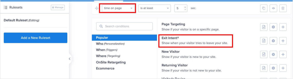 When you click on the arrow beside "time on page," you'll see options including "Exit Intent" for your phone number popup.