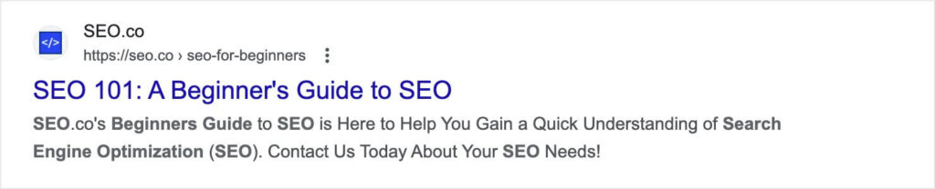 A Google search result for "SEO101: A Beginners Guide to SEO" from SEO.co. In the meta description, the words "SEO," "Beginner's Guide," and "Search Engine Optimization" are in bold.