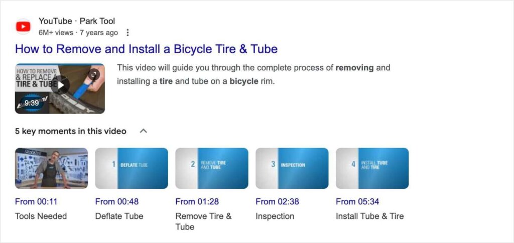 Google search result featuring a YouTube video. It includes an expandable section labeled "5 key moments in this video"