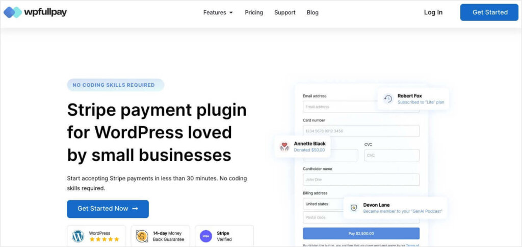Homepage for WP Full Pay, a WordPress payment plugin for Stripe