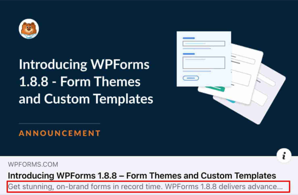 A link card on Facebook for a WPForms post. It includes a featured image, the title "Introducing WPForms 1.8.8 - Form Themes and Custom Templates," and the meta description "Get stunning, on-brand forms in record time. WP Forms 1.8.8 delivers advance . . . "