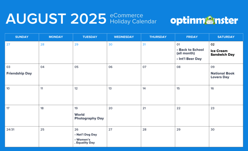 August 2025 eCommerce  holiday marketing calendar