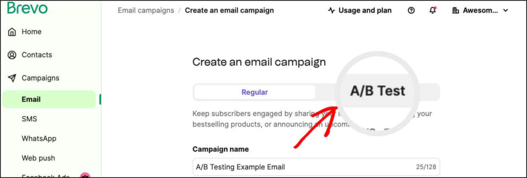 Brevo's "Create an email campaign" page. There are 2 tabs: Regular and A/B Test