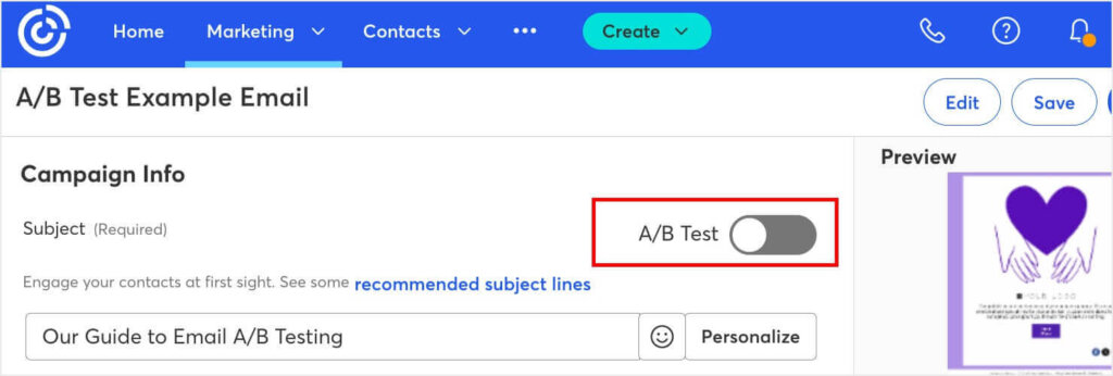 Constant Contact Campaign Info page. There's a toggle to run an A/B test for your email marketing campaign.