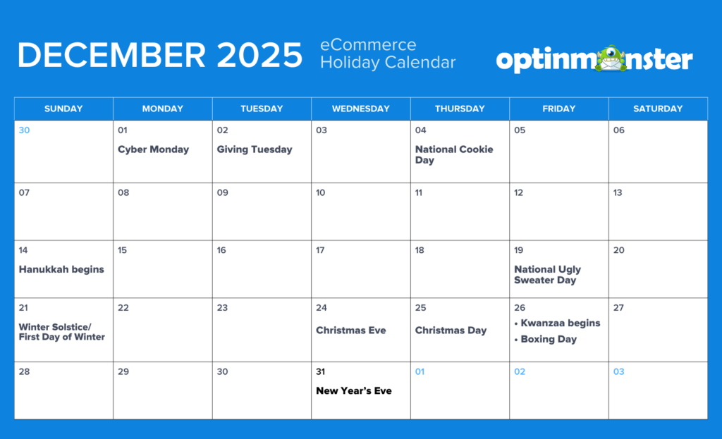 December 2025 eCommerce  holiday marketing calendar