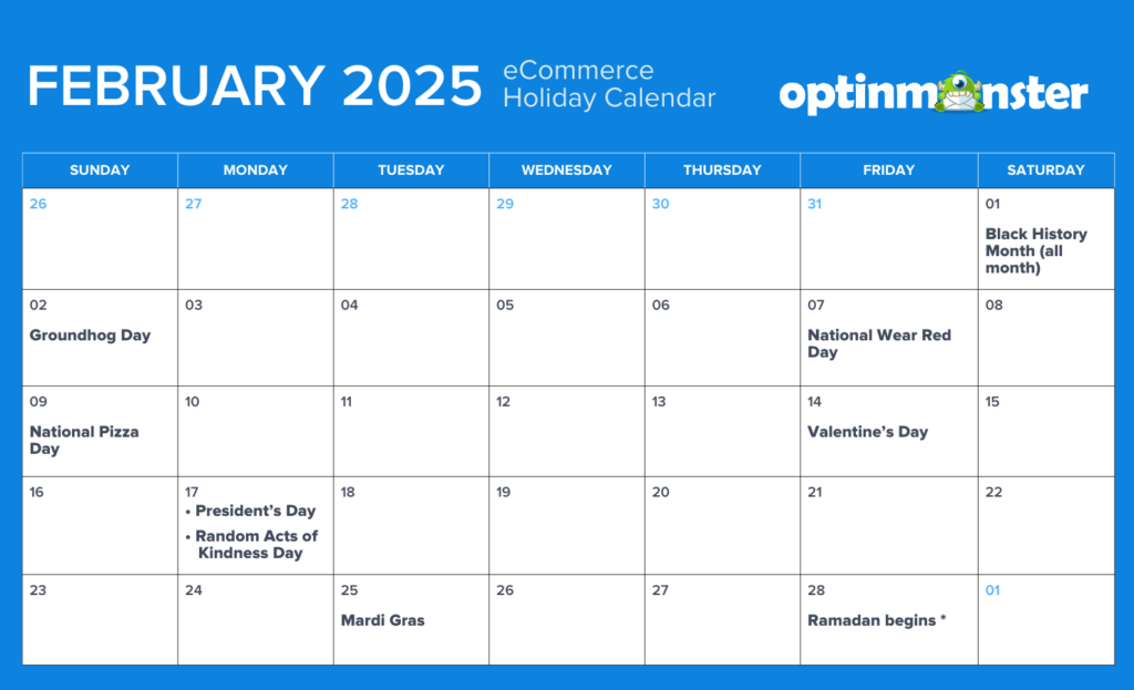 February 2025 calendar of eCommerce marketing holidays