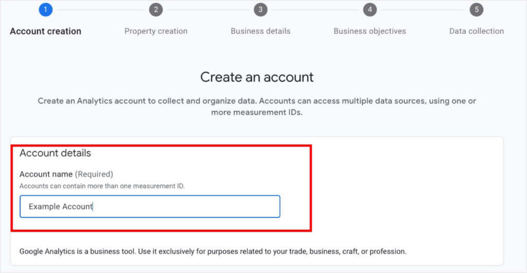 The "Create an account" page in Google Analytics. Under "Account details," there's a field for "Account name (Required)"