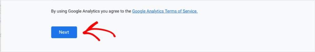 A blue "Next" button at the bottom of the Google Analytics Account Creation page.