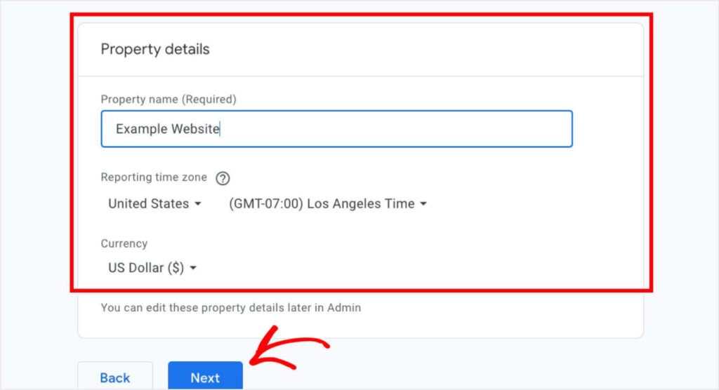 Property details in Google Analytics. There's a field for "Property name (Required)." Below, there are dropdown menus for "Reporting time zone" and "Currency."