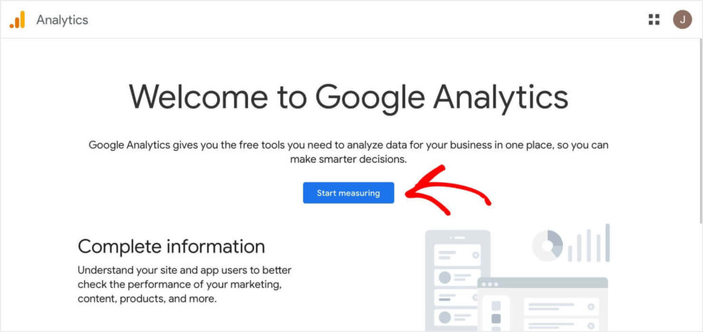Webpage with the heading "Welcome to Google Analytics." There's a blue button that says "Start measuring."
