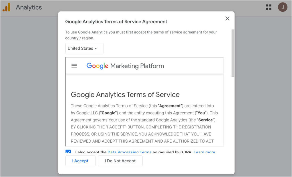 Google Analytics Terms of Service Agreement popup.