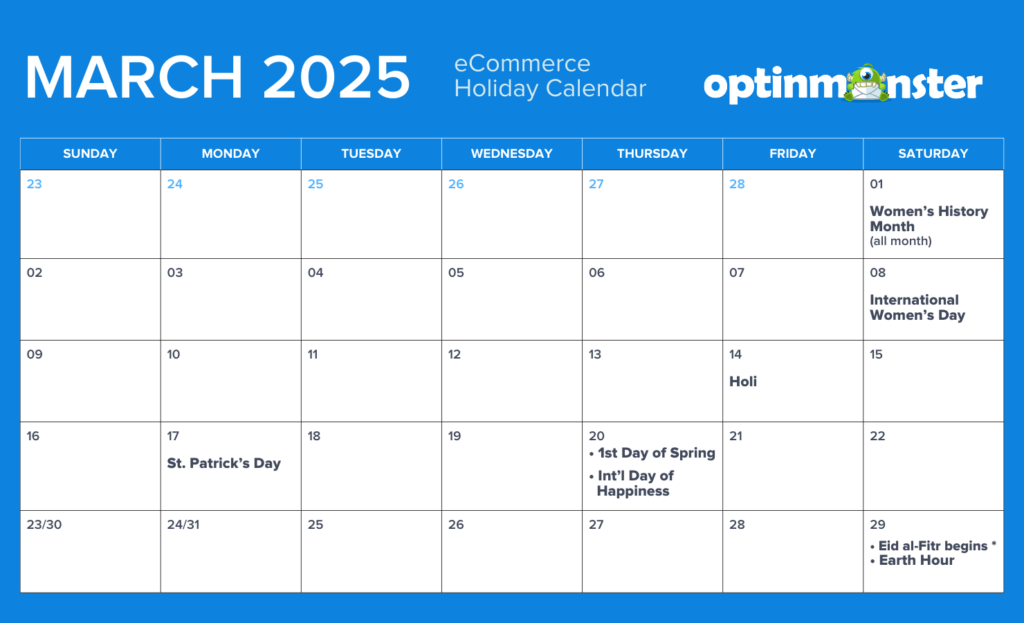 Calendar of eCommerce holidays for March 2025