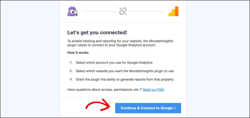 Heading says "Let's get you connected!" 
The text explains that you'll:
1. Select which account you use for google Analytics, 
2. Select which website you want the MonsterInsights plugin to use, 
3. Grant the plugin the ability to generate reports from that property.

At the bottom, there's a "Continue & Connect to Google" button.