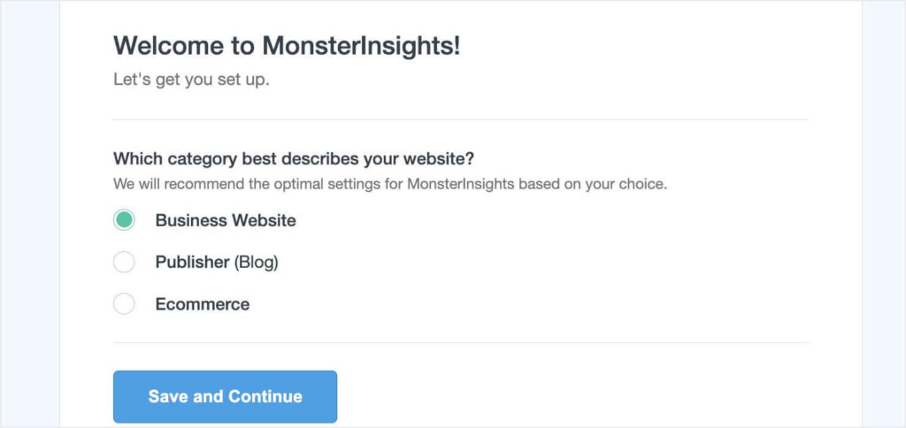 MonsterInsights setup asking which category best describes your website: Business Website, Publisher (Blog), or Ecommerce.