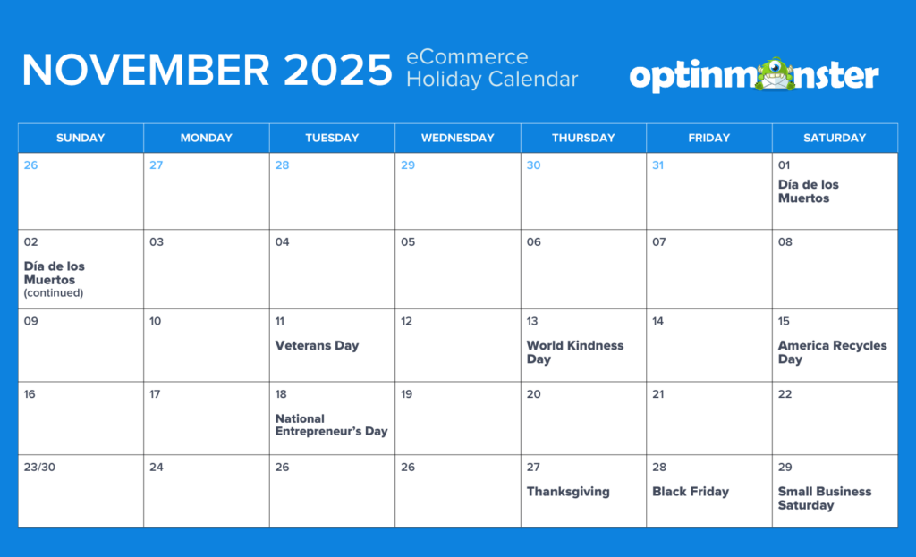 November 2025 eCommerce holiday marketing calendar