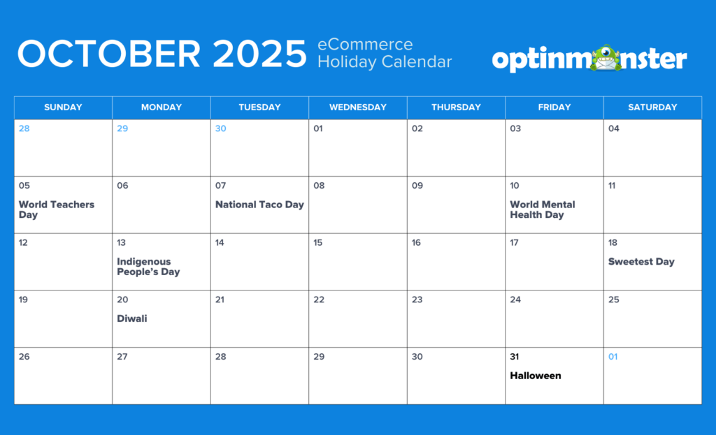 October 2025 eCommerce holiday marketing calendar