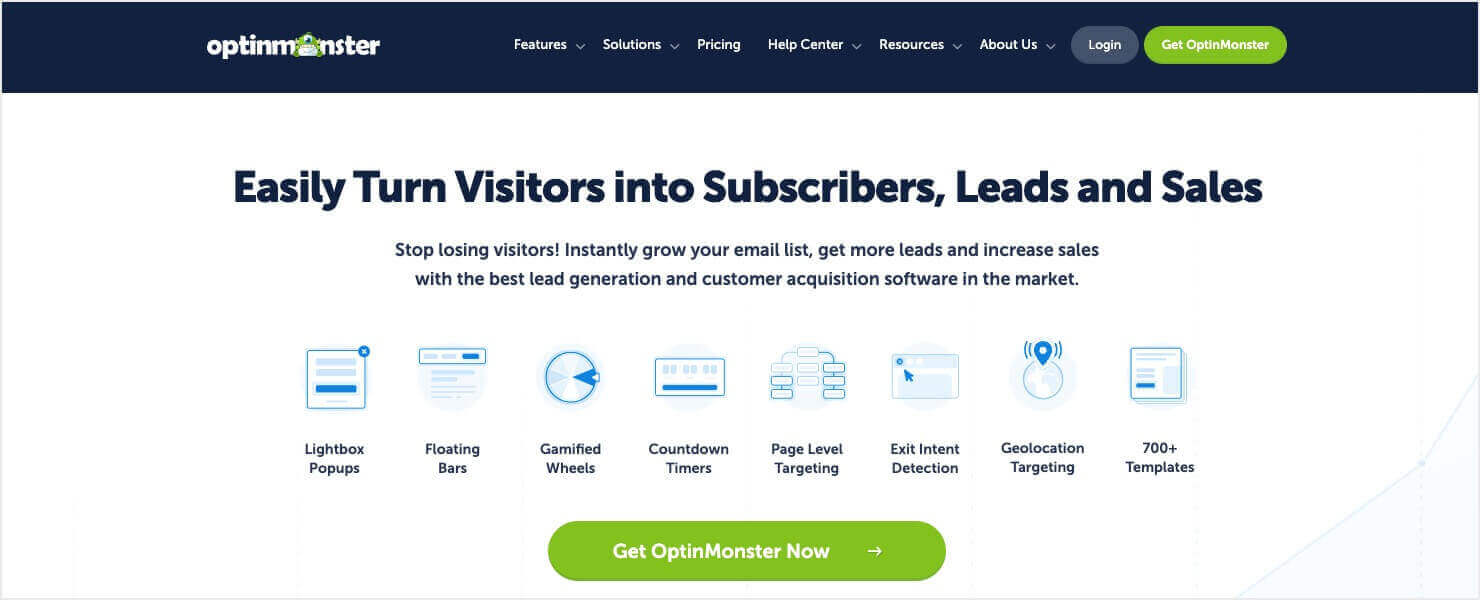 OptinMonster homepage. The heading says "Easily Turn Your Visitors Into Subscribers, Leads, and Sales."