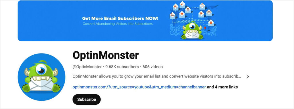 The homepage for OptinMonster's YouTube channel, a vital part of our video marketing strategy. It shows 9.68K subscribers and 606 videos.