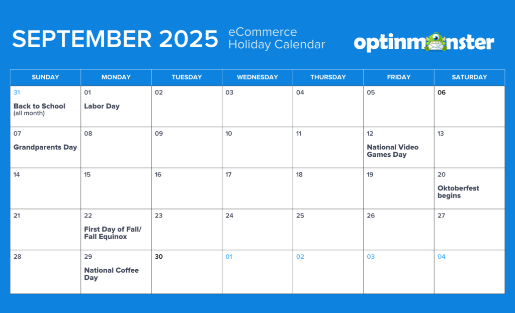 September 2025 eCommerce  holiday marketing calendar