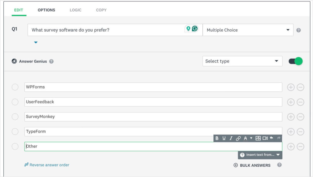 Screeenshot of editing a multiple choice question in SurveyMonkey's online survey software.