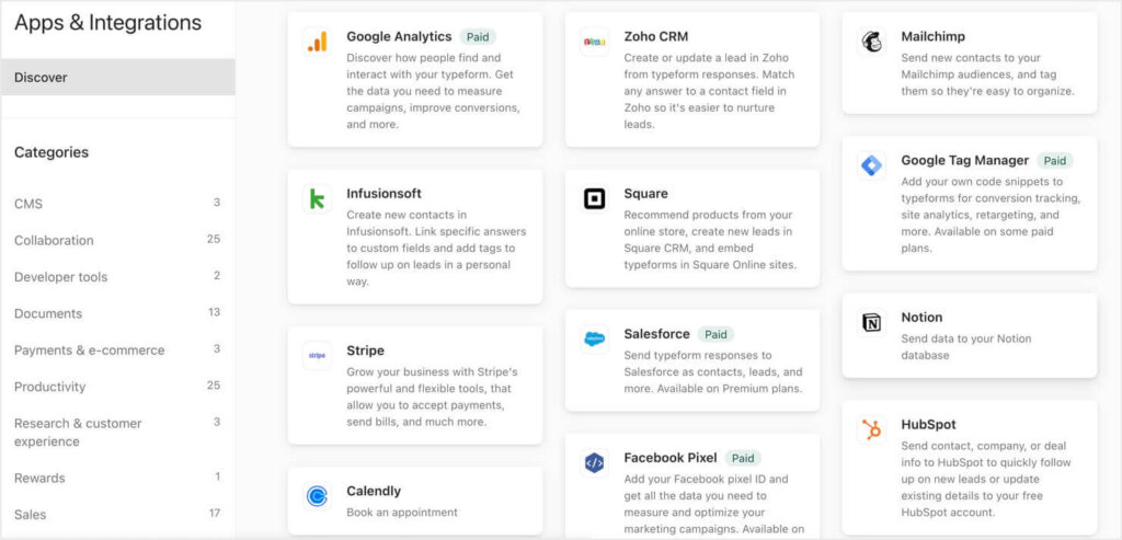 Integrations list for TrueForm's online survey tool. 