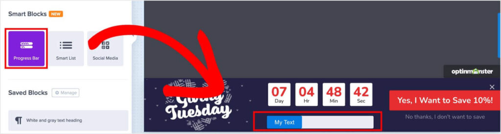 Drag the Progress Bar block from the left menu into the Giving Tuesday fundraising campaign.