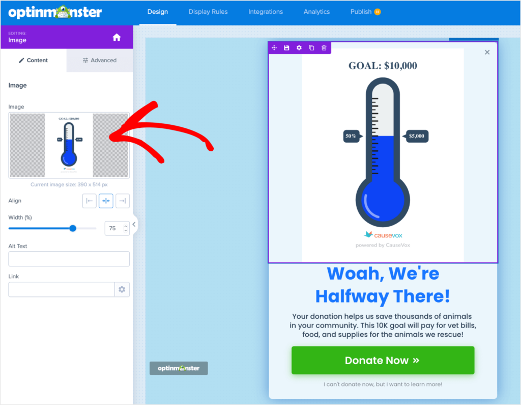 Screenshot of the OptinMonster popup editor. The popup now includes a fundraiser thermometer image, which was added in the left menu settings.