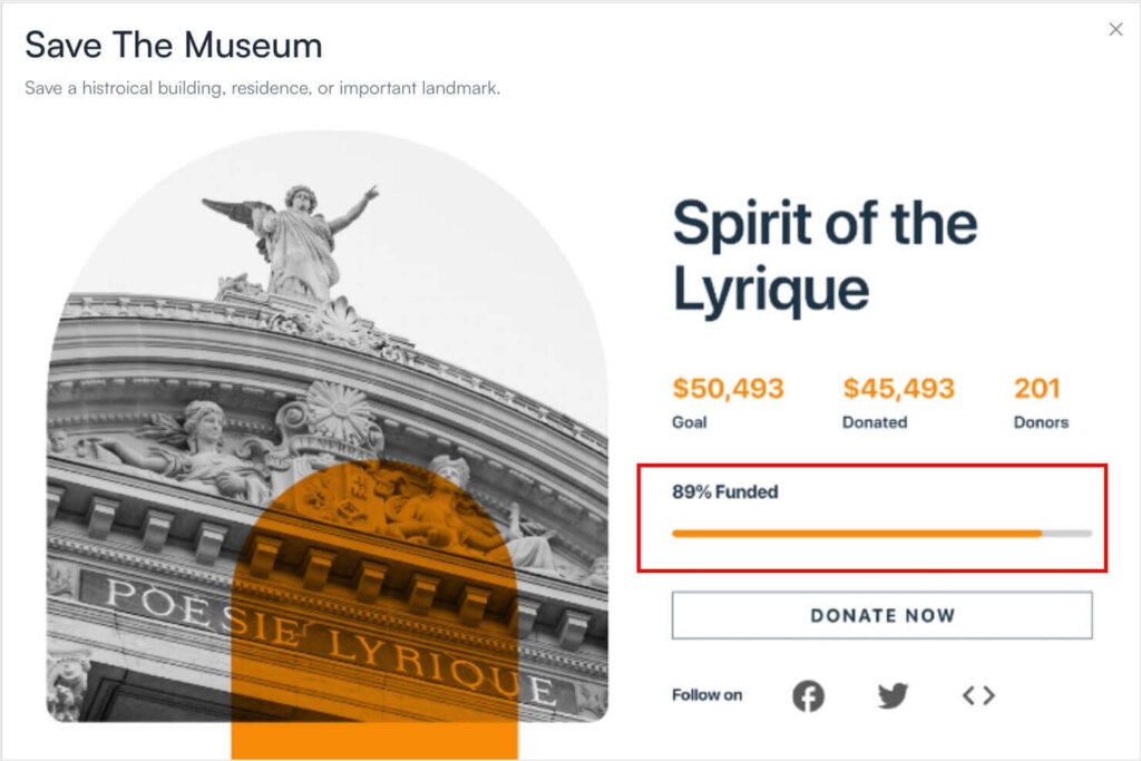 Example of a Charitable template. It has a progress bar showing the campaign is 89% funded. The template also shows the funding goal, the current amount donated, and the number of donors.