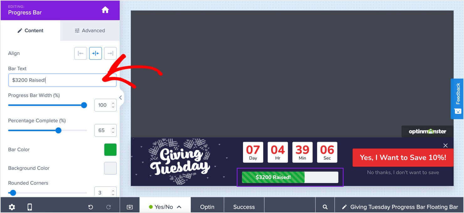 A Progress Bar is selected in an OptinMonster campaign, revealing editing options in the left menu.